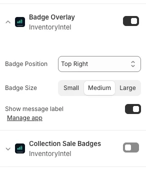 InventoryIntel badge overlay settings in the Shopify theme editor, with badge position, size and message label controls